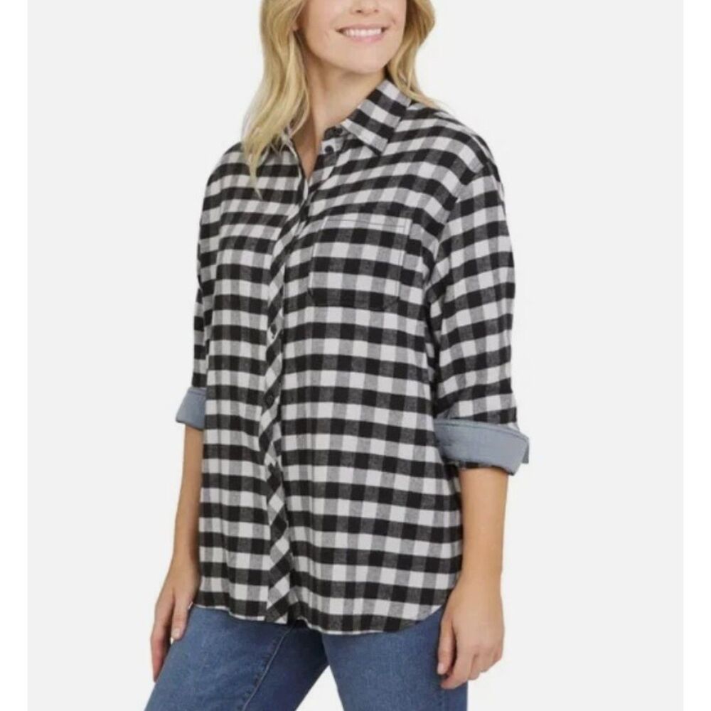 NEW NWT Black & White Plaid Sz XS Button Up Roomy Soft Flannel Shirt LANDS END